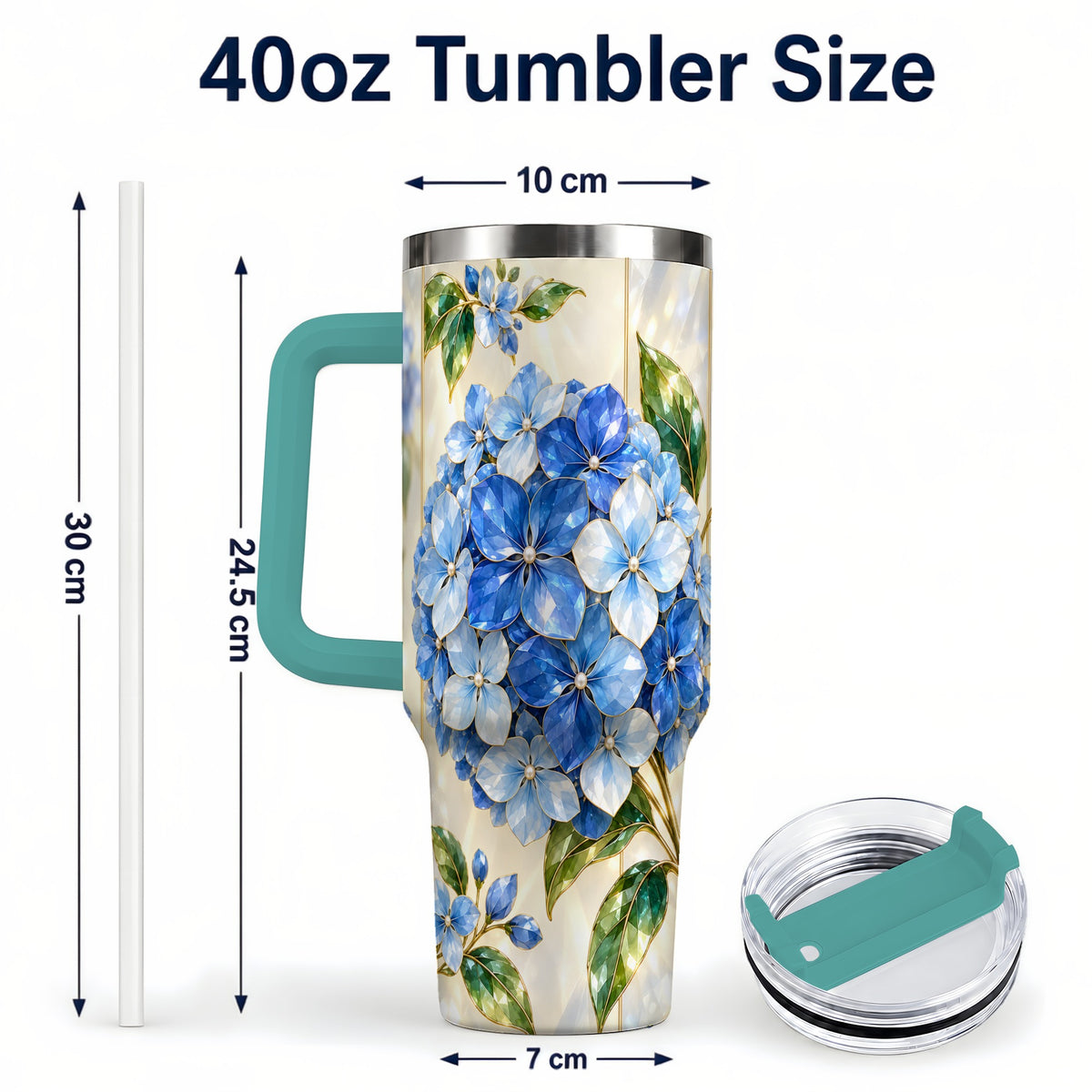 #pl[40oz|Green] Faceted Hydrangea 40oz Tumbler with Handle, Floral Stainless Steel Cup