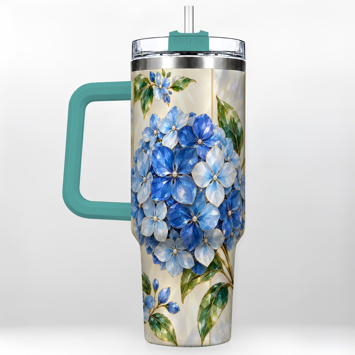 #pl[40oz|Green] Faceted Hydrangea 40oz Tumbler with Handle, Floral Stainless Steel Cup