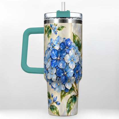 #pl[40oz|Green] Faceted Hydrangea 40oz Tumbler with Handle, Floral Stainless Steel Cup