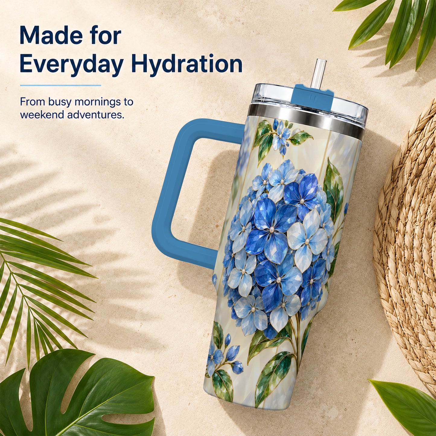 #pl[40oz|Blue] Faceted Hydrangea 40oz Tumbler with Handle, Floral Stainless Steel Cup
