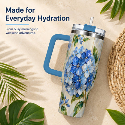 #pl[40oz|Blue] Faceted Hydrangea 40oz Tumbler with Handle, Floral Stainless Steel Cup