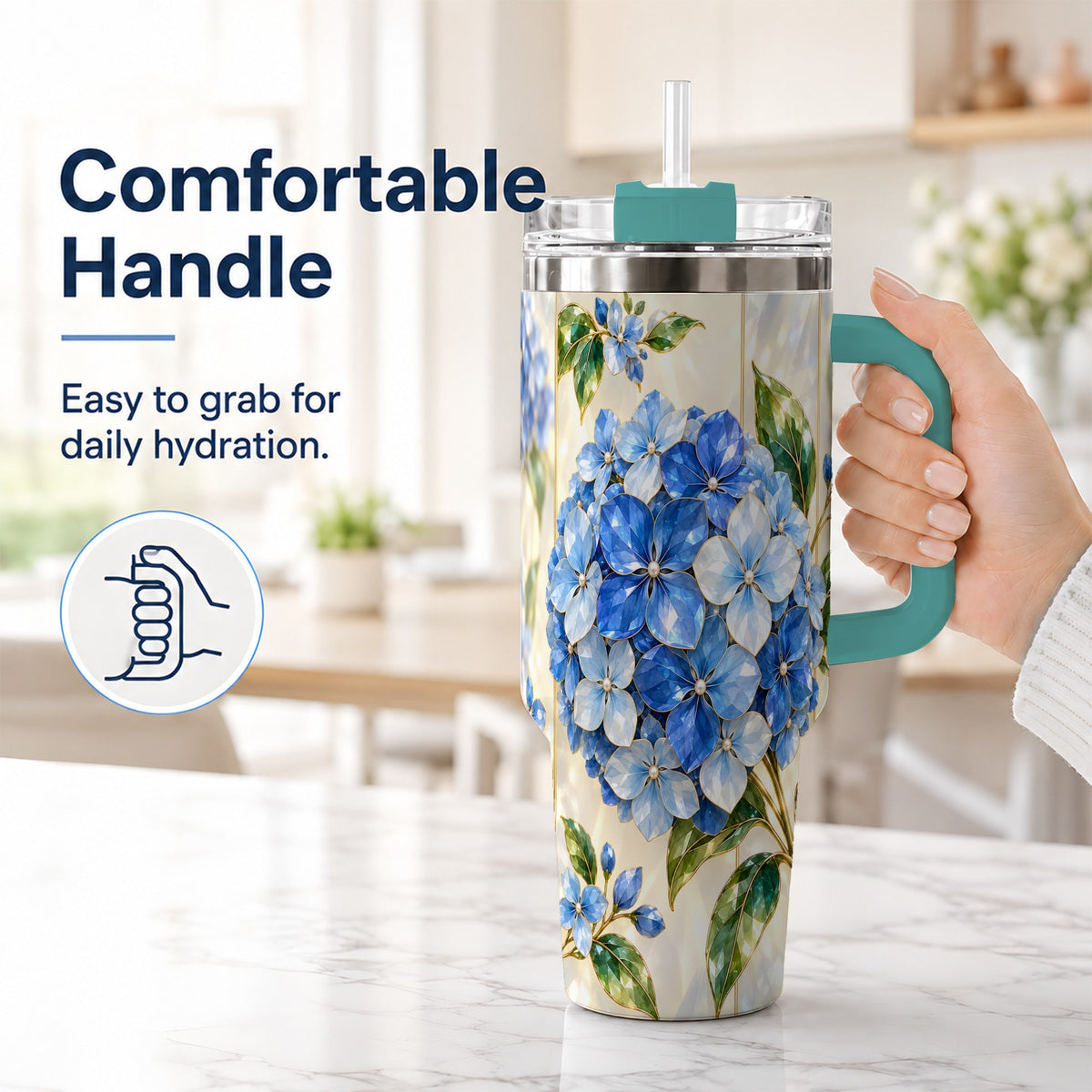 #pl[40oz|Green] Faceted Hydrangea 40oz Tumbler with Handle, Floral Stainless Steel Cup
