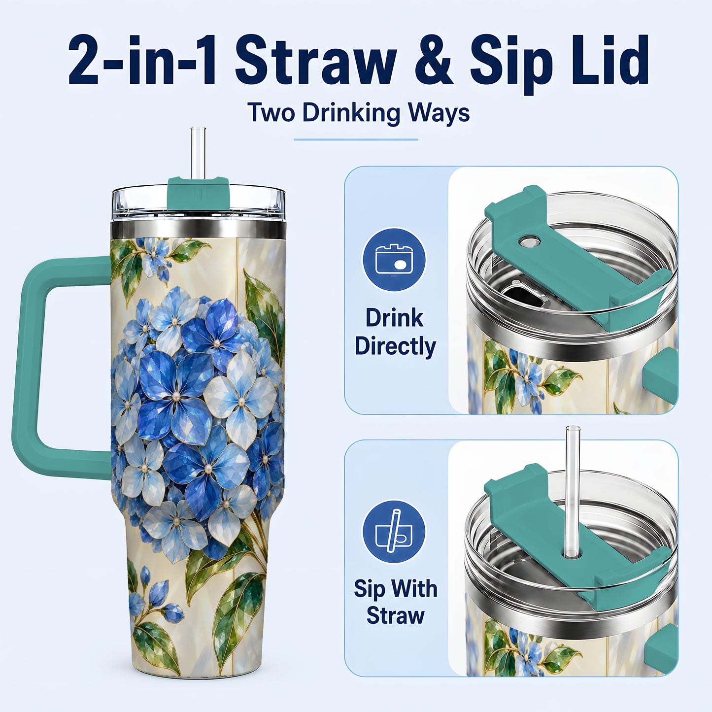 #pl[40oz|Green] Faceted Hydrangea 40oz Tumbler with Handle, Floral Stainless Steel Cup