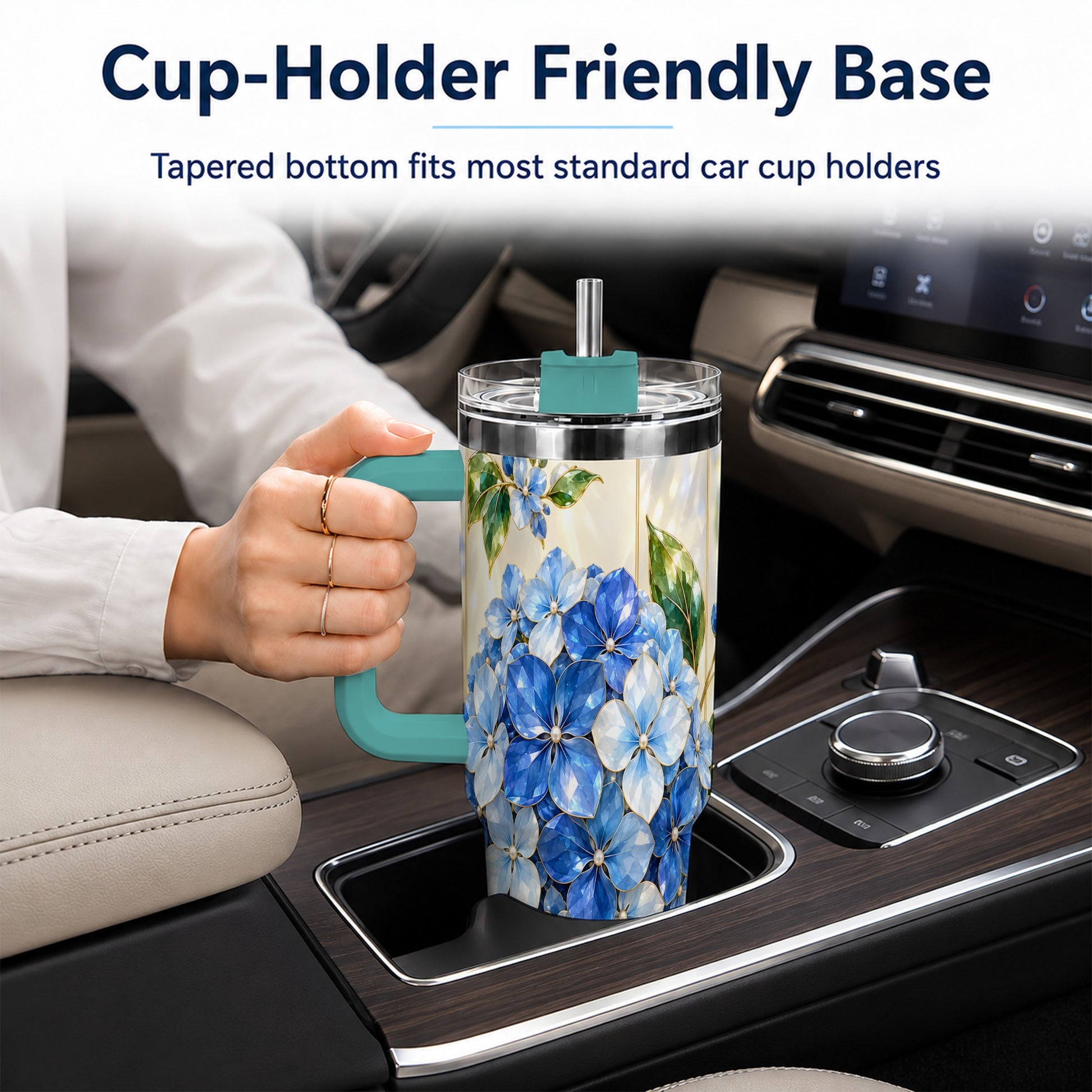 #pl[40oz|Green] Faceted Hydrangea 40oz Tumbler with Handle, Floral Stainless Steel Cup