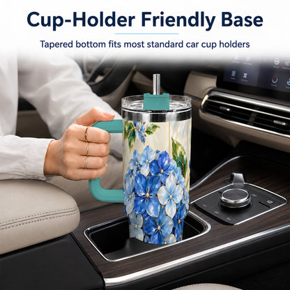 #pl[40oz|Green] Faceted Hydrangea 40oz Tumbler with Handle, Floral Stainless Steel Cup
