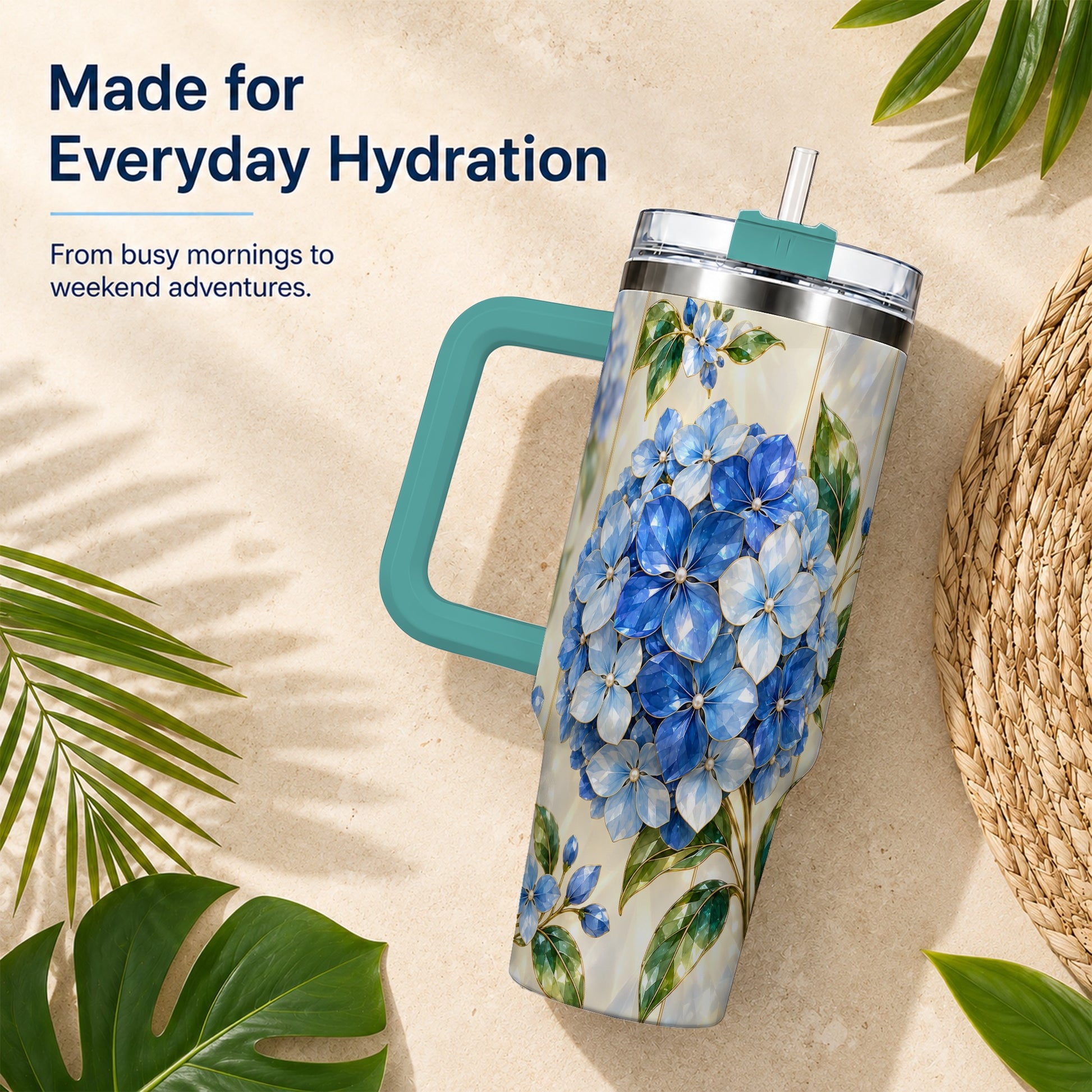 #pl[40oz|Green] Faceted Hydrangea 40oz Tumbler with Handle, Floral Stainless Steel Cup