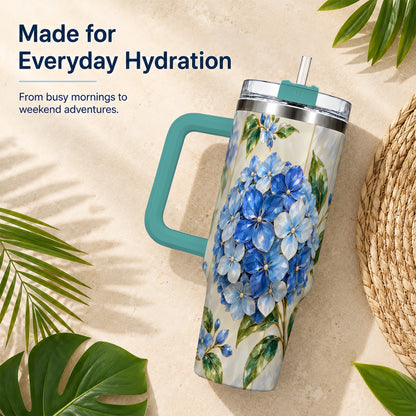 #pl[40oz|Green] Faceted Hydrangea 40oz Tumbler with Handle, Floral Stainless Steel Cup