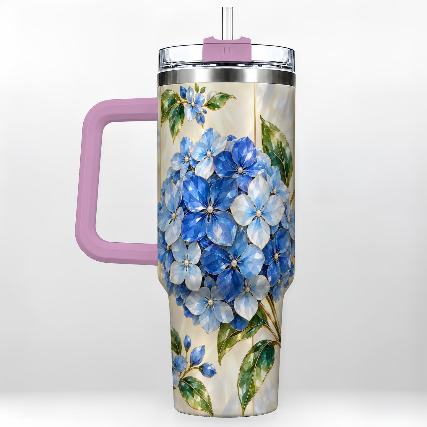 #pl[40oz|Pink] Faceted Hydrangea 40oz Tumbler with Handle, Floral Stainless Steel Cup