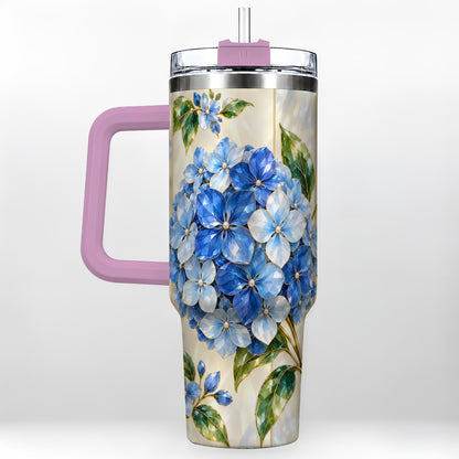 #pl[40oz|Pink] Faceted Hydrangea 40oz Tumbler with Handle, Floral Stainless Steel Cup