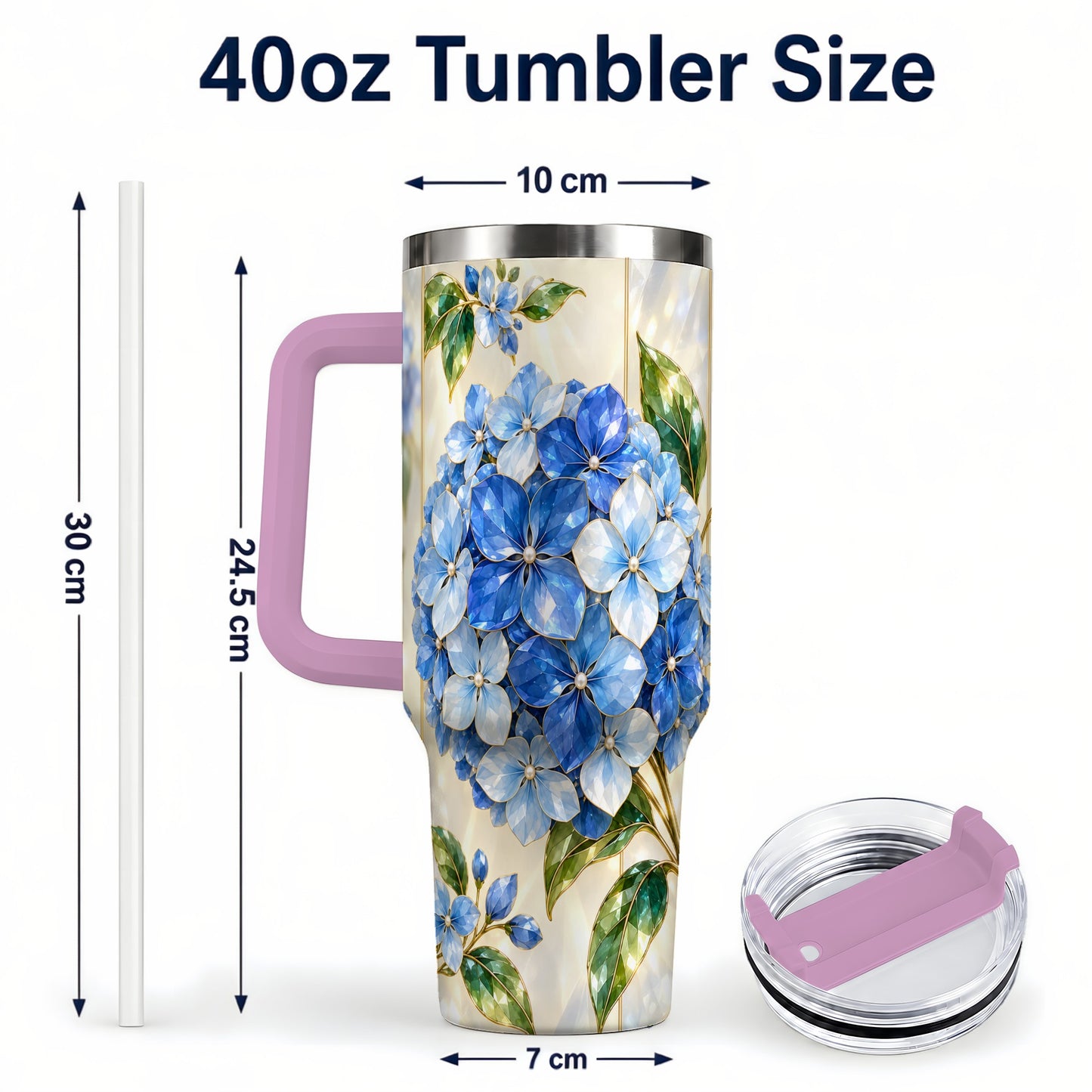 #pl[40oz|Pink] Faceted Hydrangea 40oz Tumbler with Handle, Floral Stainless Steel Cup