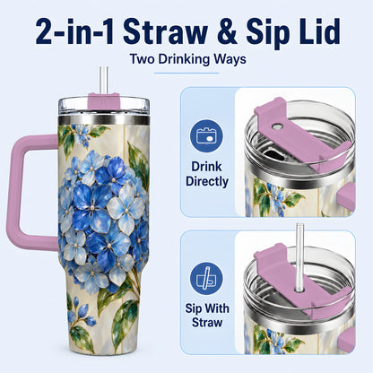 #pl[40oz|Pink] Faceted Hydrangea 40oz Tumbler with Handle, Floral Stainless Steel Cup