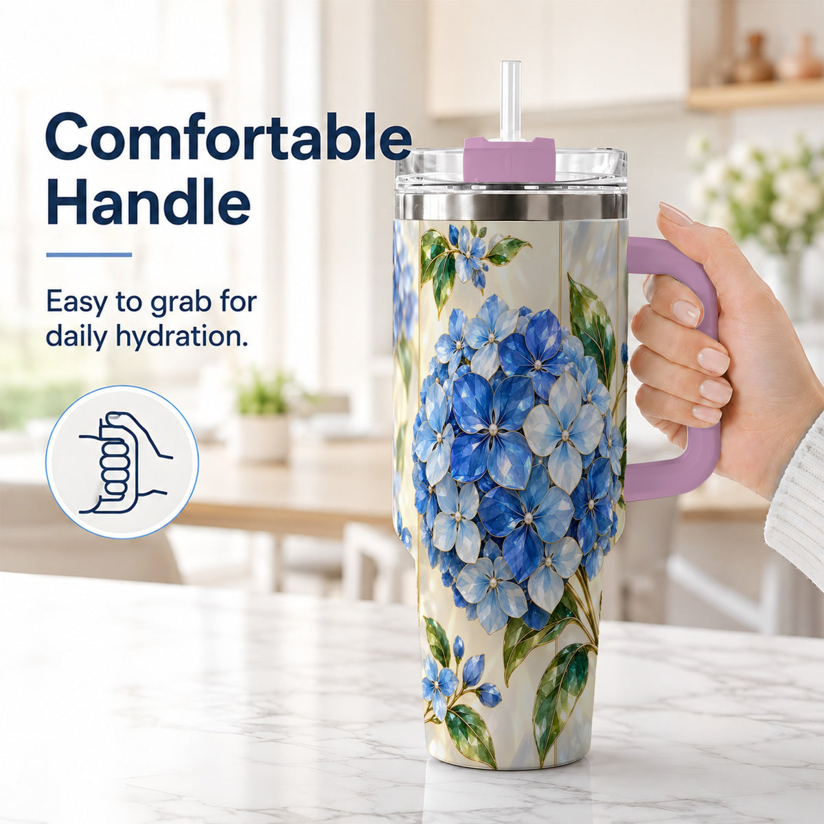 #pl[40oz|Pink] Faceted Hydrangea 40oz Tumbler with Handle, Floral Stainless Steel Cup