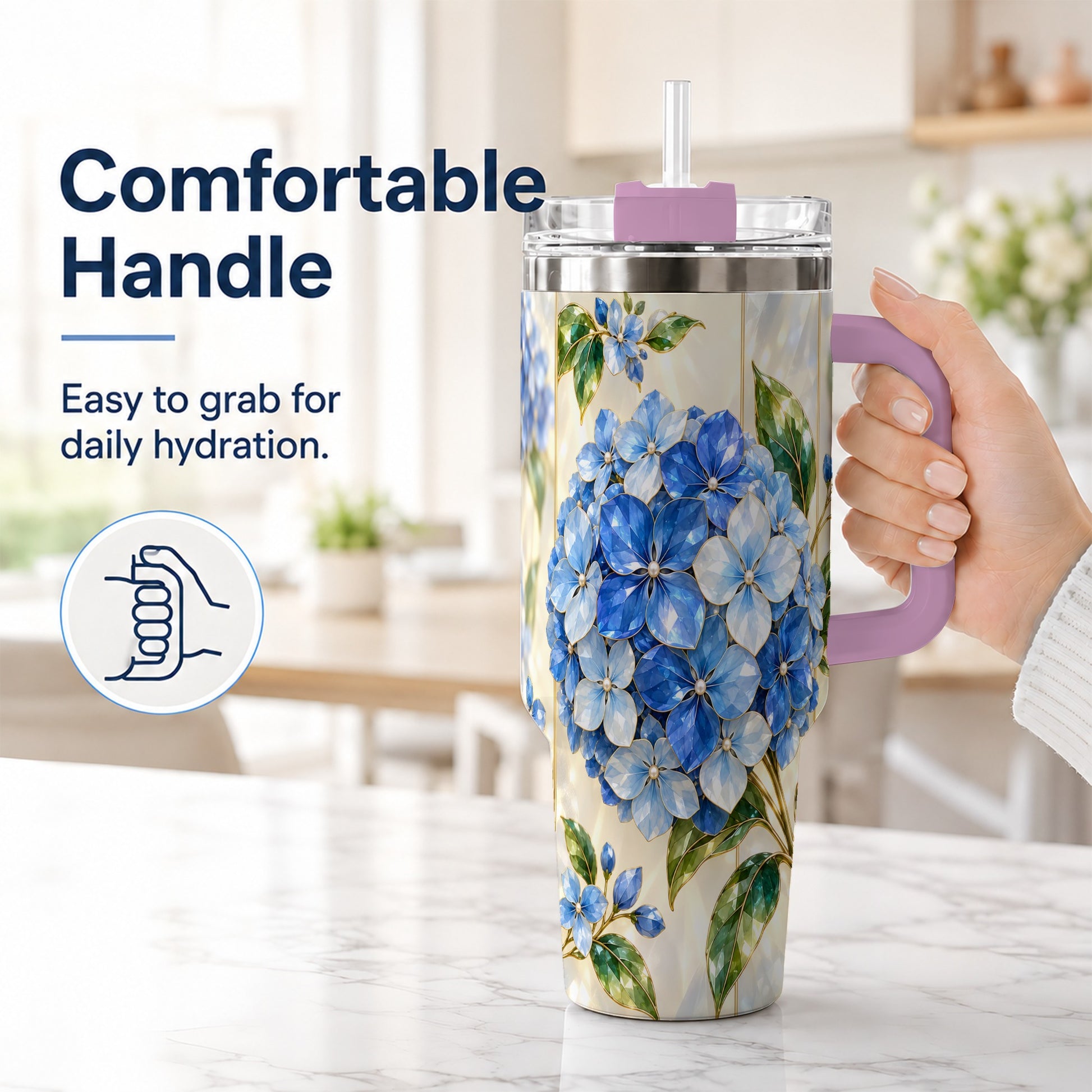 #pl[40oz|Pink] Faceted Hydrangea 40oz Tumbler with Handle, Floral Stainless Steel Cup