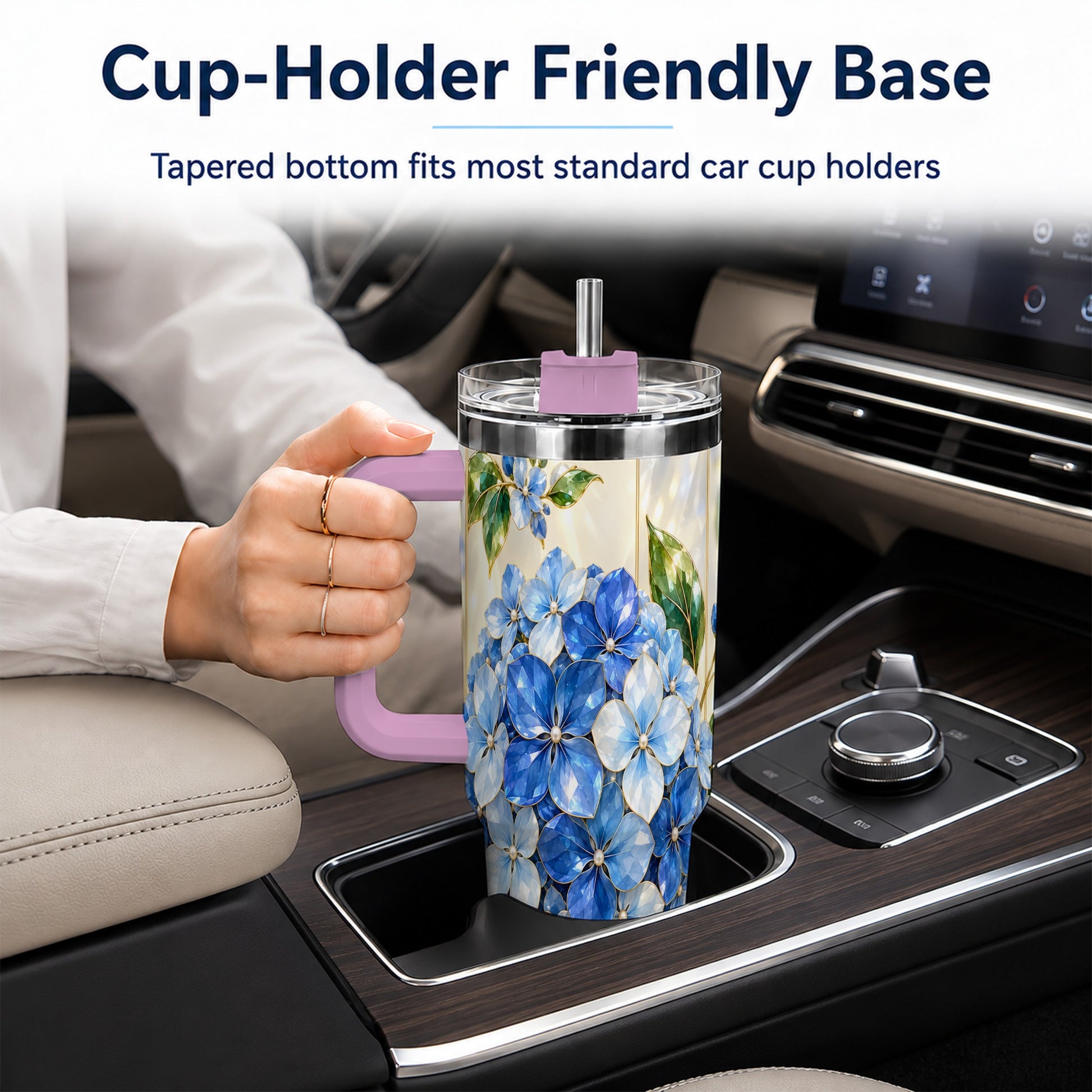 #pl[40oz|Pink] Faceted Hydrangea 40oz Tumbler with Handle, Floral Stainless Steel Cup