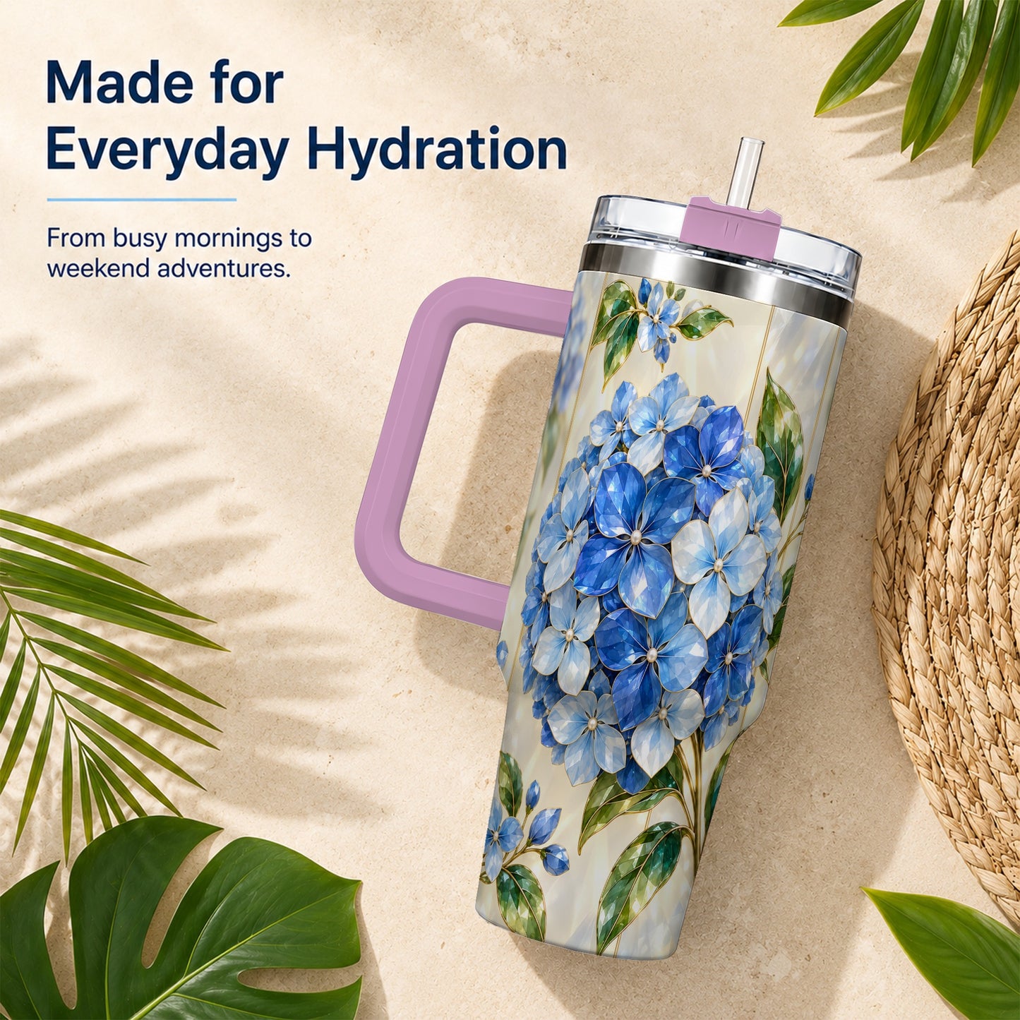 #pl[40oz|Pink] Faceted Hydrangea 40oz Tumbler with Handle, Floral Stainless Steel Cup