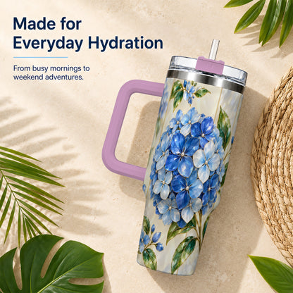 #pl[40oz|Pink] Faceted Hydrangea 40oz Tumbler with Handle, Floral Stainless Steel Cup
