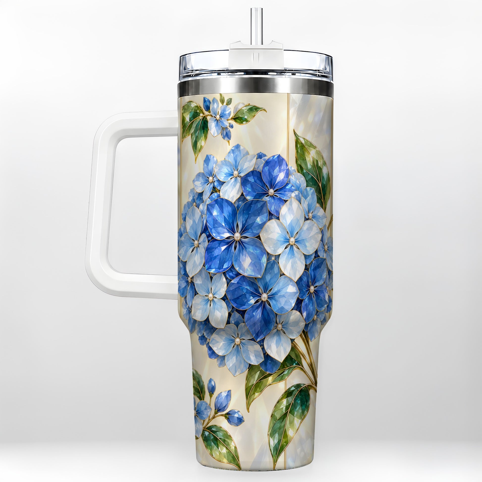 Faceted Hydrangea 40oz Tumbler with Handle, Floral Stainless Steel Cup