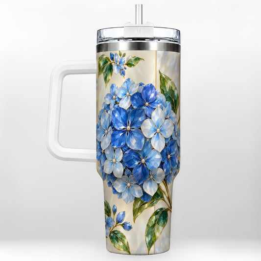 Faceted Hydrangea 40oz Tumbler with Handle, Floral Stainless Steel Cup