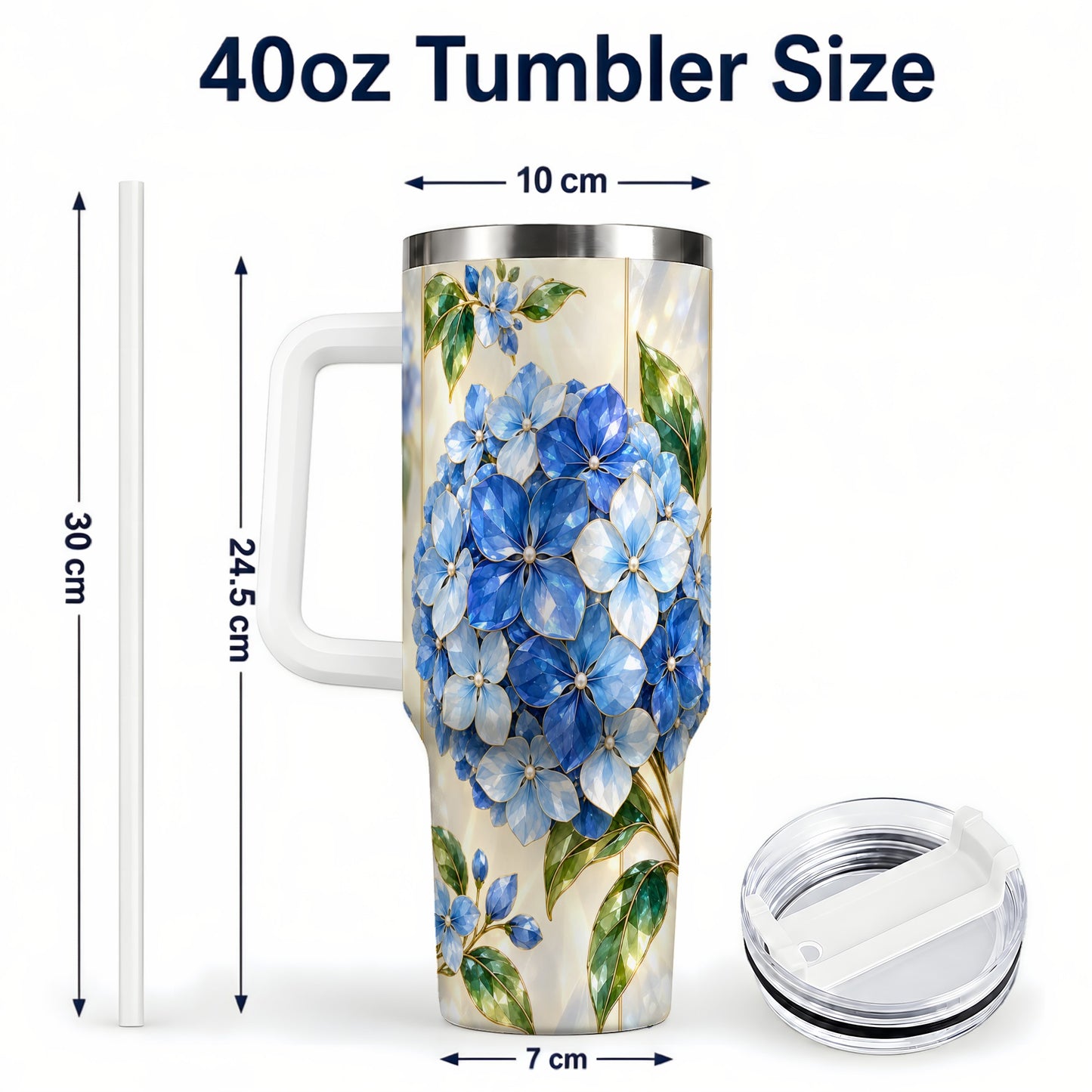 #pl[40oz|White] Faceted Hydrangea 40oz Tumbler with Handle, Floral Stainless Steel Cup