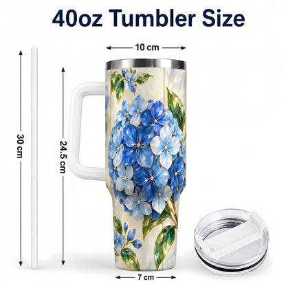 #pl[40oz|White] Faceted Hydrangea 40oz Tumbler with Handle, Floral Stainless Steel Cup