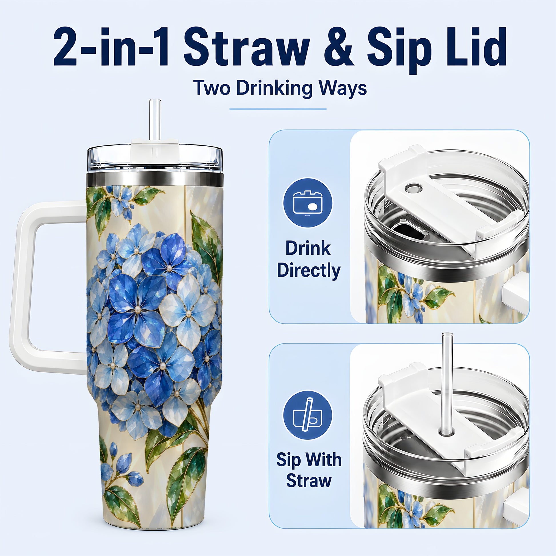 #pl[40oz|White] Faceted Hydrangea 40oz Tumbler with Handle, Floral Stainless Steel Cup