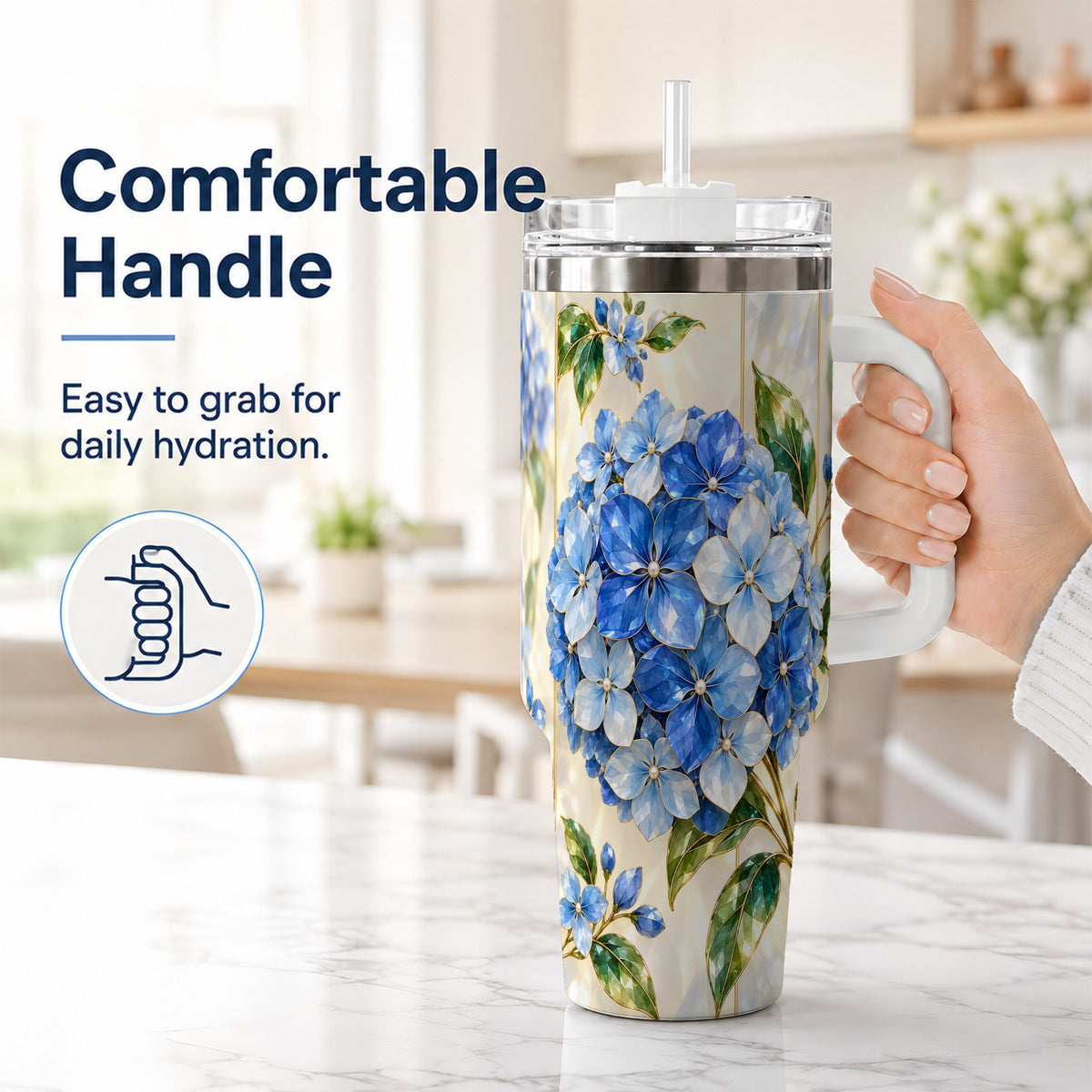 #pl[40oz|White] Faceted Hydrangea 40oz Tumbler with Handle, Floral Stainless Steel Cup