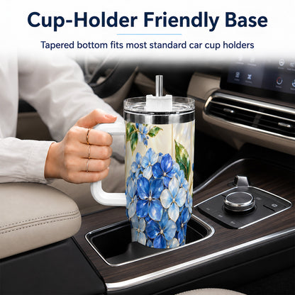 #pl[40oz|White] Faceted Hydrangea 40oz Tumbler with Handle, Floral Stainless Steel Cup