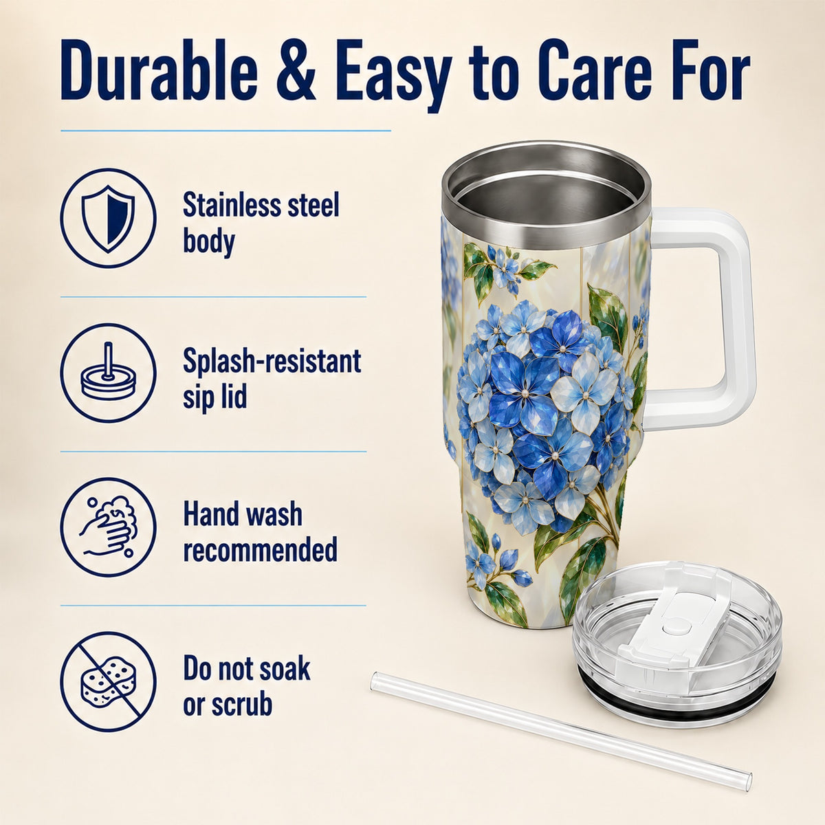 #pl[40oz|White] Faceted Hydrangea 40oz Tumbler with Handle, Floral Stainless Steel Cup