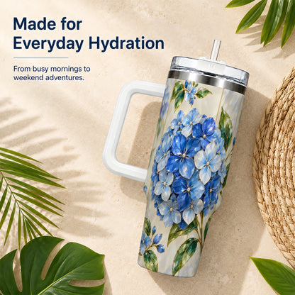#pl[40oz|White] Faceted Hydrangea 40oz Tumbler with Handle, Floral Stainless Steel Cup