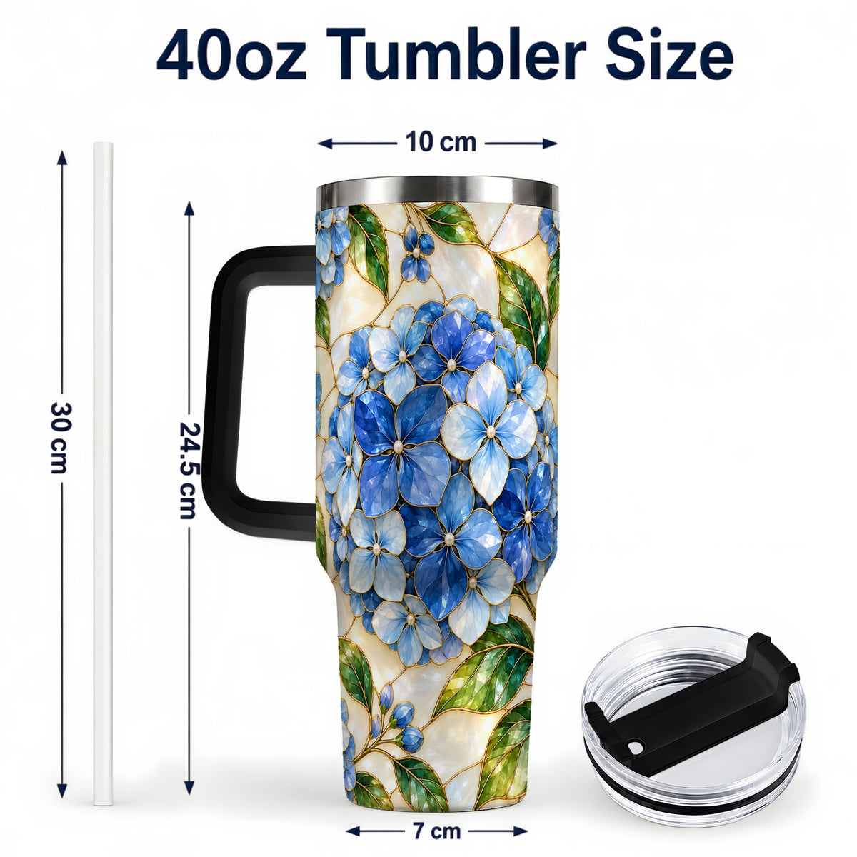 #pl[40oz|Black] Hydrangea Mosaic 40oz Tumbler with Handle, Floral Stainless Steel Cup