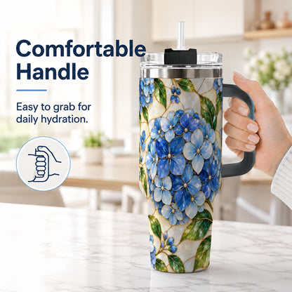 #pl[40oz|Black] Hydrangea Mosaic 40oz Tumbler with Handle, Floral Stainless Steel Cup