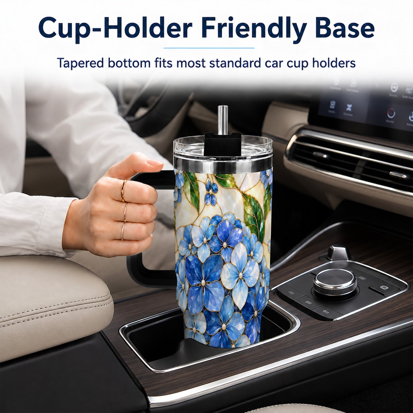 #pl[40oz|Black] Hydrangea Mosaic 40oz Tumbler with Handle, Floral Stainless Steel Cup