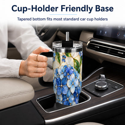 #pl[40oz|Black] Hydrangea Mosaic 40oz Tumbler with Handle, Floral Stainless Steel Cup