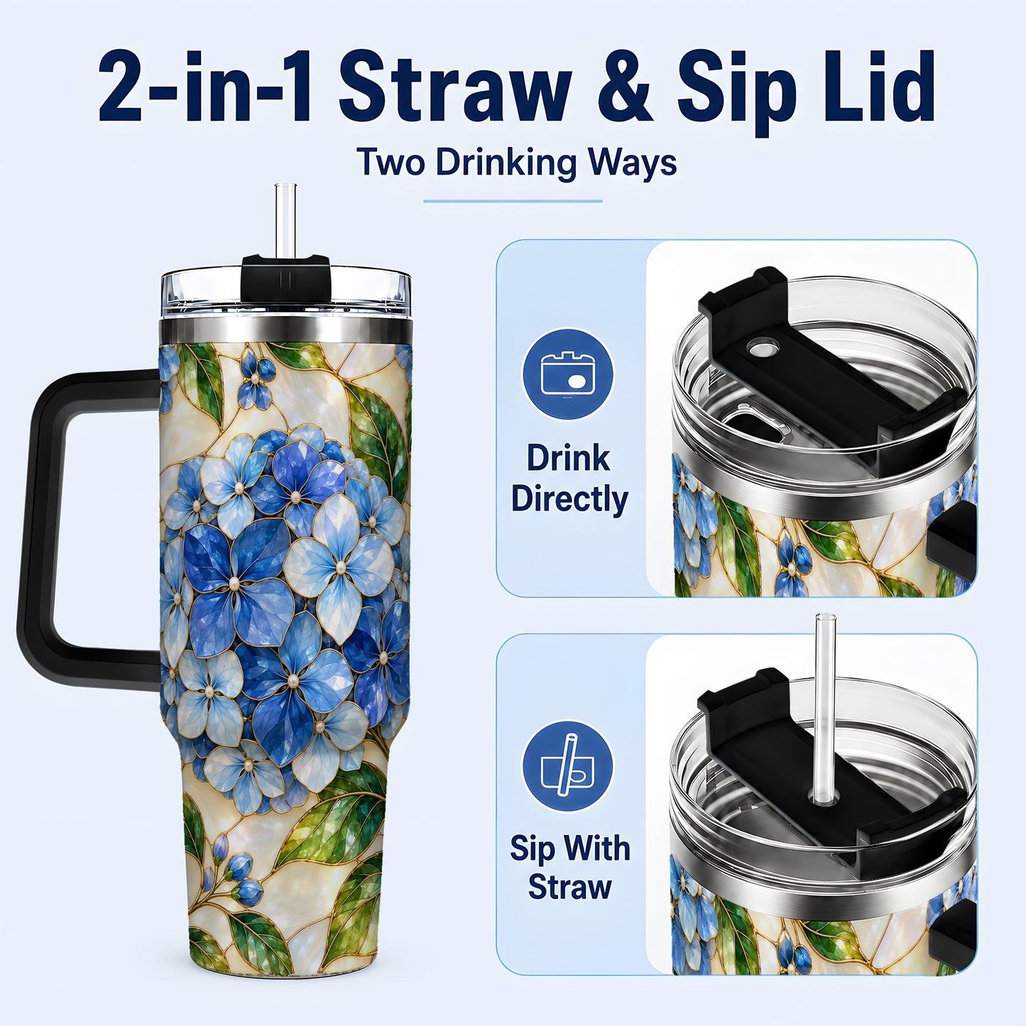 #pl[40oz|Black] Hydrangea Mosaic 40oz Tumbler with Handle, Floral Stainless Steel Cup