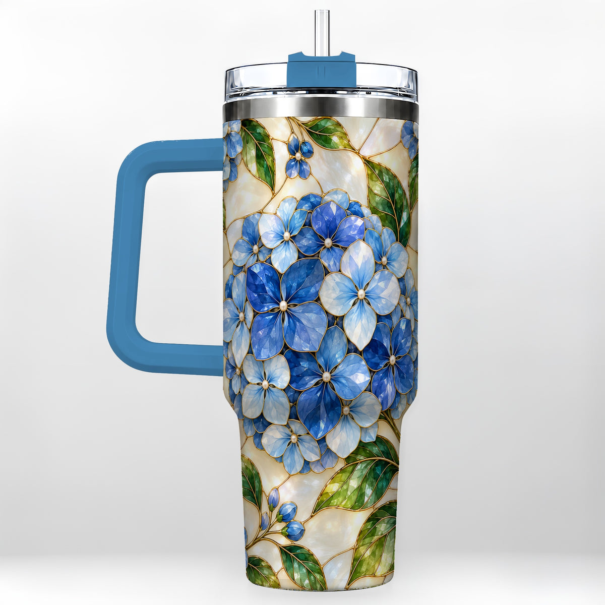 #pl[40oz|Blue] Hydrangea Mosaic 40oz Tumbler with Handle, Floral Stainless Steel Cup