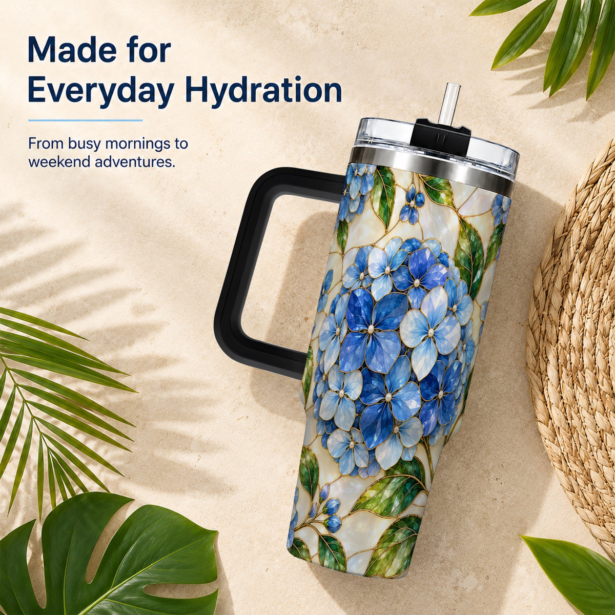 #pl[40oz|Black] Hydrangea Mosaic 40oz Tumbler with Handle, Floral Stainless Steel Cup