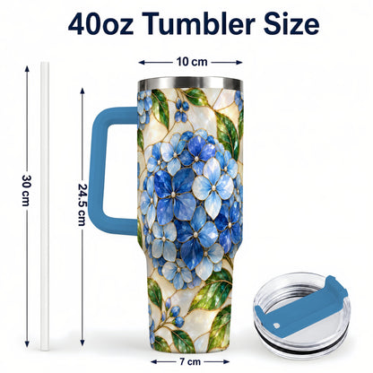 #pl[40oz|Blue] Hydrangea Mosaic 40oz Tumbler with Handle, Floral Stainless Steel Cup