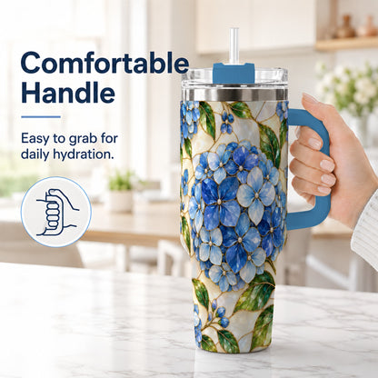 #pl[40oz|Blue] Hydrangea Mosaic 40oz Tumbler with Handle, Floral Stainless Steel Cup