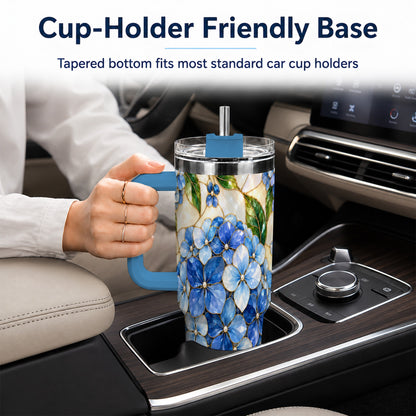 #pl[40oz|Blue] Hydrangea Mosaic 40oz Tumbler with Handle, Floral Stainless Steel Cup