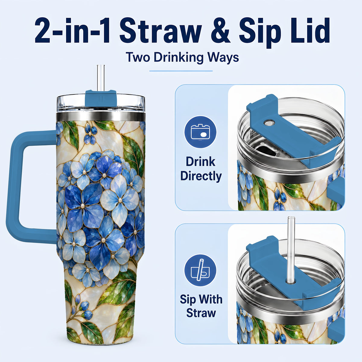 #pl[40oz|Blue] Hydrangea Mosaic 40oz Tumbler with Handle, Floral Stainless Steel Cup