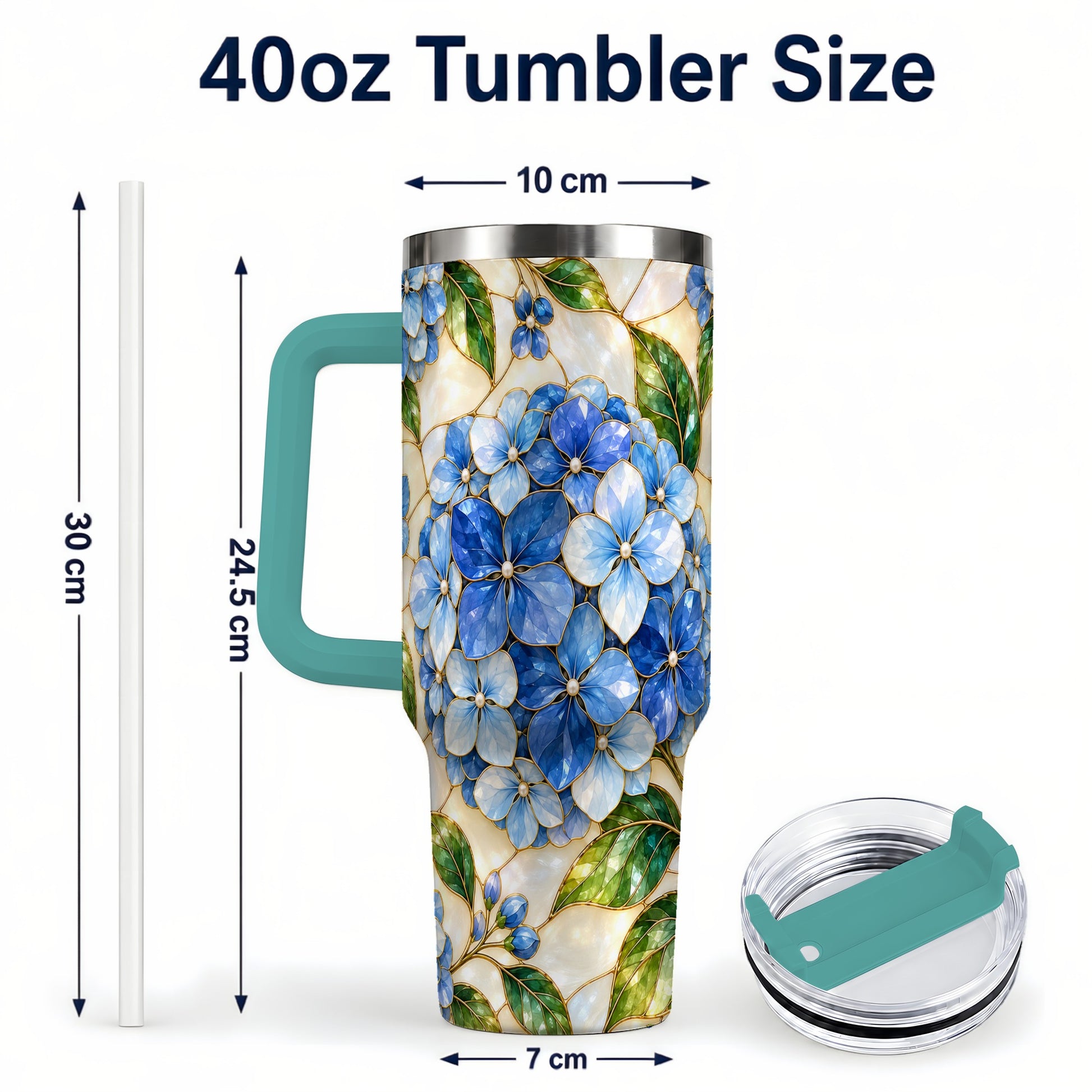 #pl[40oz|Green] Hydrangea Mosaic 40oz Tumbler with Handle, Floral Stainless Steel Cup