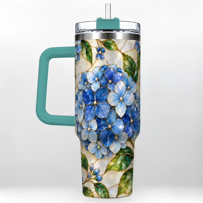 #pl[40oz|Green] Hydrangea Mosaic 40oz Tumbler with Handle, Floral Stainless Steel Cup
