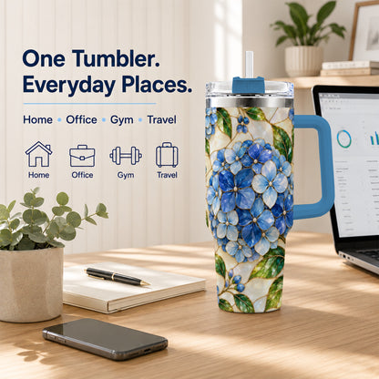 #pl[40oz|Blue] Hydrangea Mosaic 40oz Tumbler with Handle, Floral Stainless Steel Cup