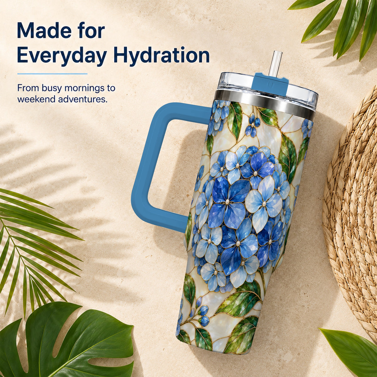 #pl[40oz|Blue] Hydrangea Mosaic 40oz Tumbler with Handle, Floral Stainless Steel Cup
