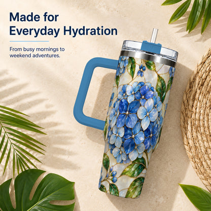#pl[40oz|Blue] Hydrangea Mosaic 40oz Tumbler with Handle, Floral Stainless Steel Cup