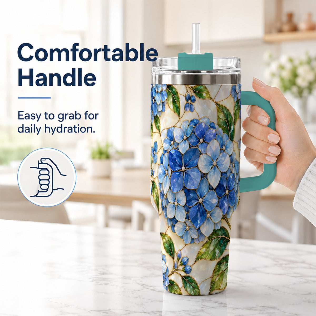 #pl[40oz|Green] Hydrangea Mosaic 40oz Tumbler with Handle, Floral Stainless Steel Cup