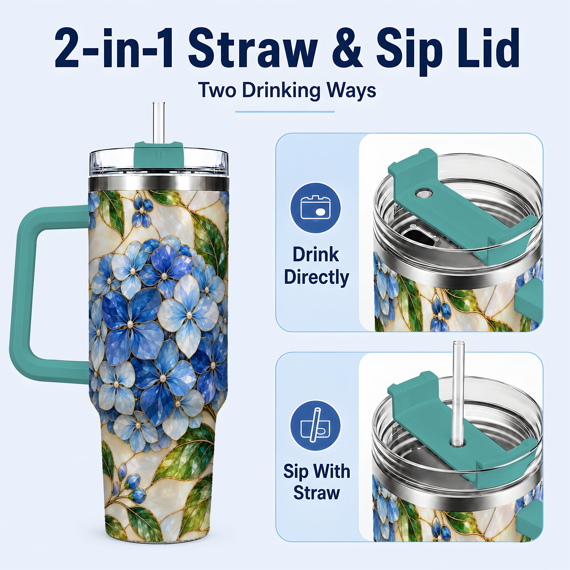 #pl[40oz|Green] Hydrangea Mosaic 40oz Tumbler with Handle, Floral Stainless Steel Cup