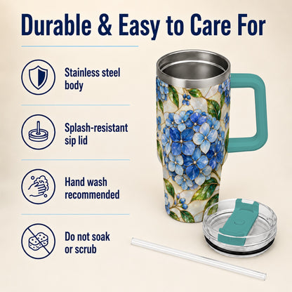 #pl[40oz|Green] Hydrangea Mosaic 40oz Tumbler with Handle, Floral Stainless Steel Cup