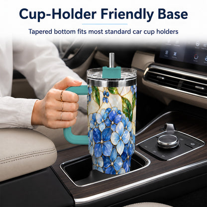 #pl[40oz|Green] Hydrangea Mosaic 40oz Tumbler with Handle, Floral Stainless Steel Cup