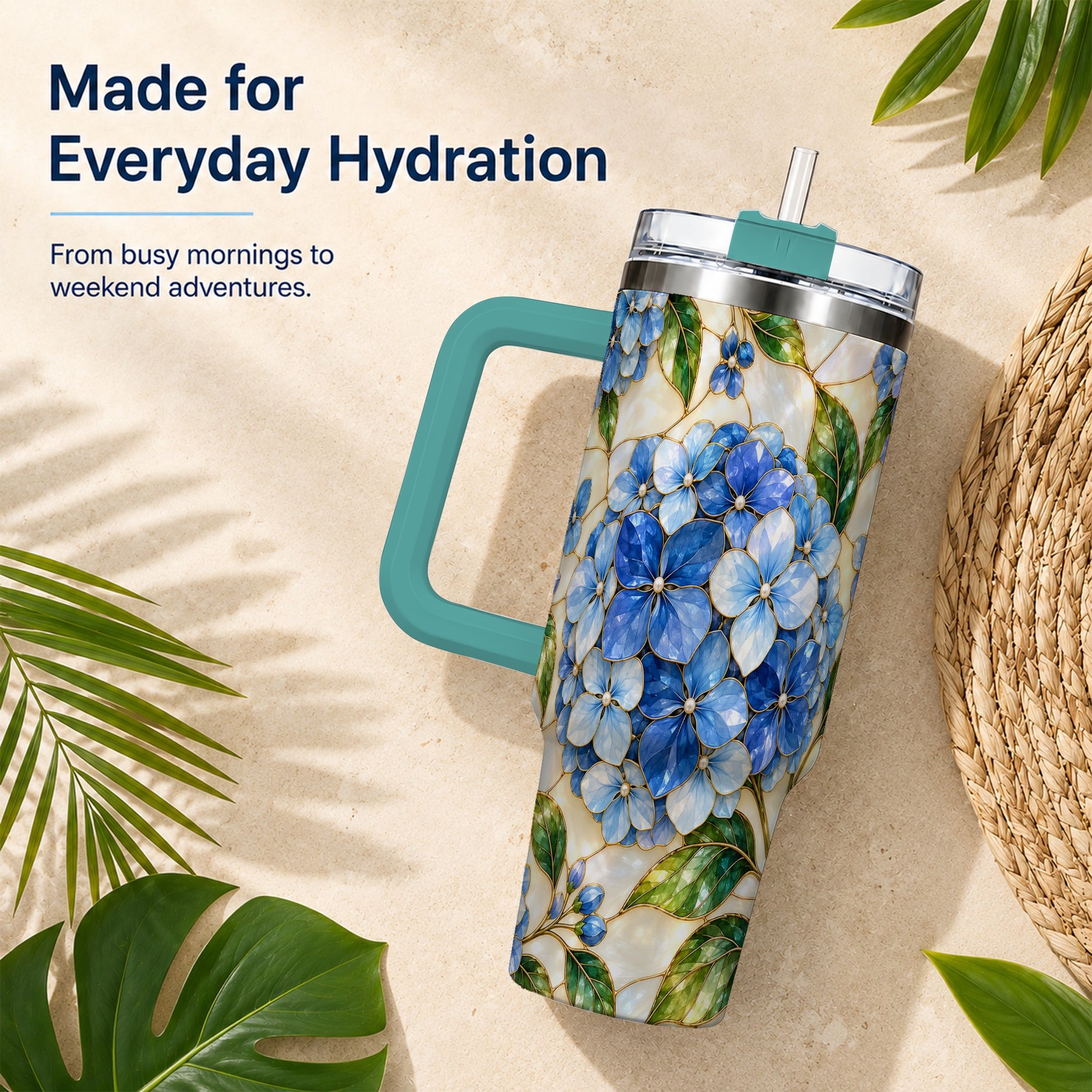 #pl[40oz|Green] Hydrangea Mosaic 40oz Tumbler with Handle, Floral Stainless Steel Cup